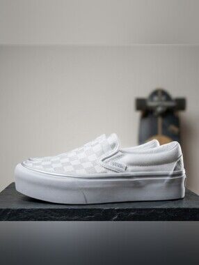 NEW! Vans White with Embroidered Silver Checkerboard Slip-On Sneakers Sz 5